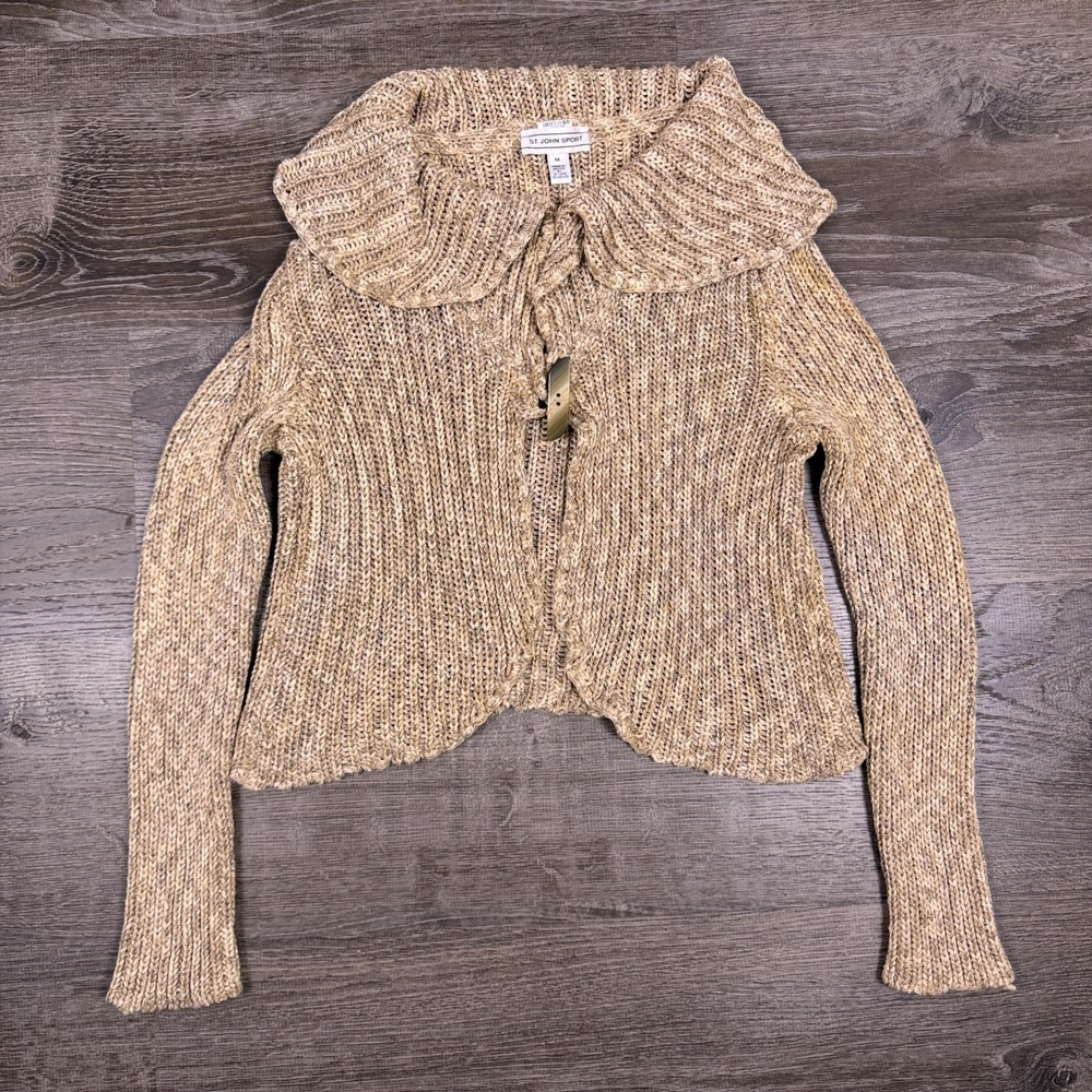 St John Sport Womens M Sweater Open Front Cardigan Tan Shawl Collar Linen